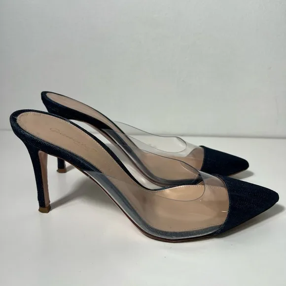 Gianvito Rossi Plexi PVC Denim Illusion 85mm Mule Heel Sandals