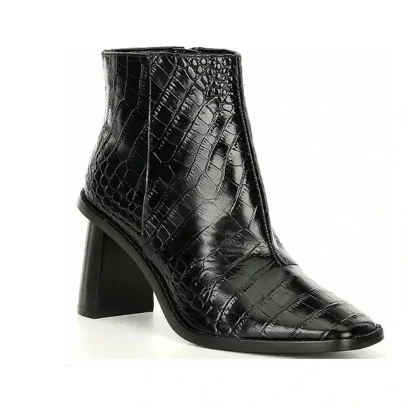 Gibson Latimer Vina Leather Croc EmbossedSquare Toe Block Heel Ankle Boots 11