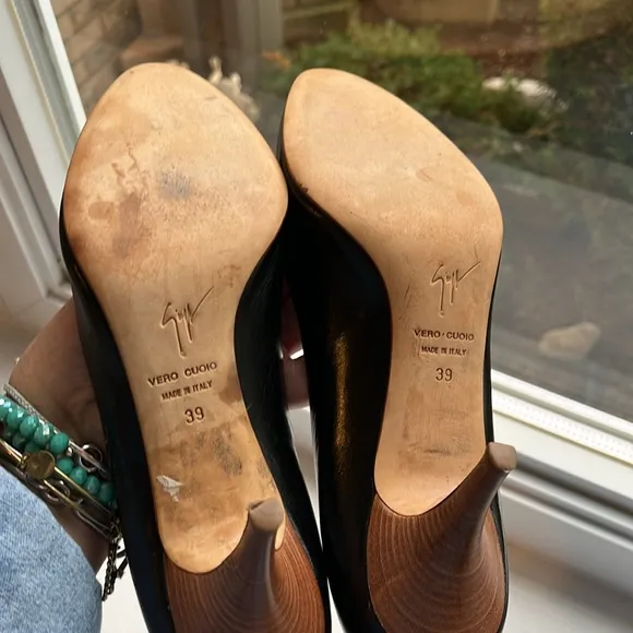 GIUSEPPE ZANOTTI LADIES BLACK LEATHER BROWN HEEL SHOES-9