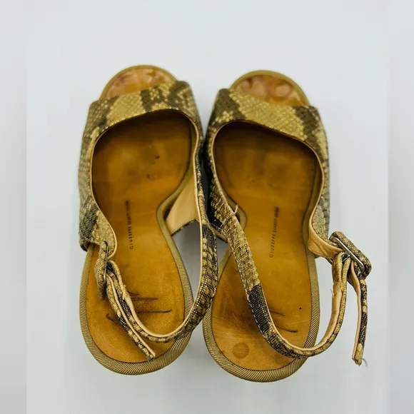 Giuseppe Zanotti Snakeskin Print Gold Peeptoe Platform Slingback Heels Size 37.5