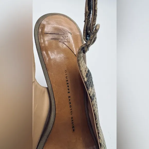 Giuseppe Zanotti Snakeskin Print Gold Peeptoe Platform Slingback Heels Size 37.5