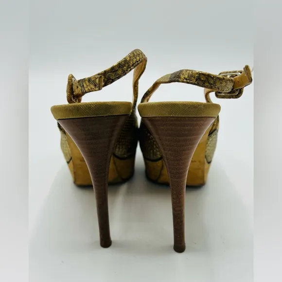 Giuseppe Zanotti Snakeskin Print Gold Peeptoe Platform Slingback Heels Size 37.5