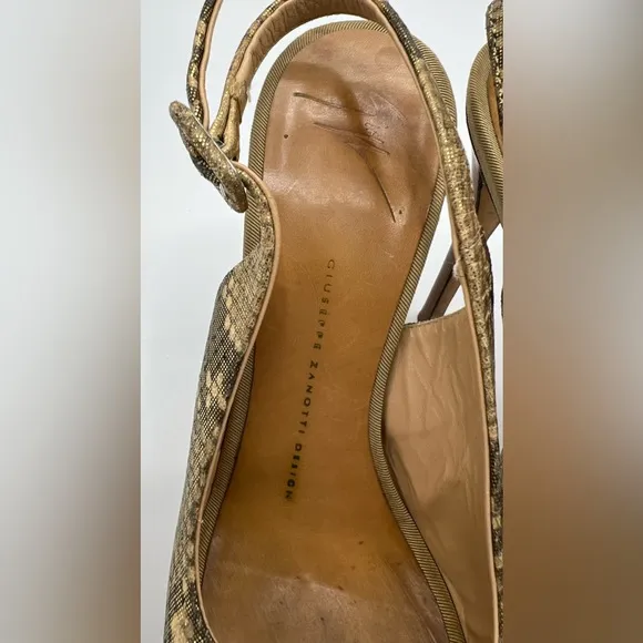 Giuseppe Zanotti Snakeskin Print Gold Peeptoe Platform Slingback Heels Size 37.5