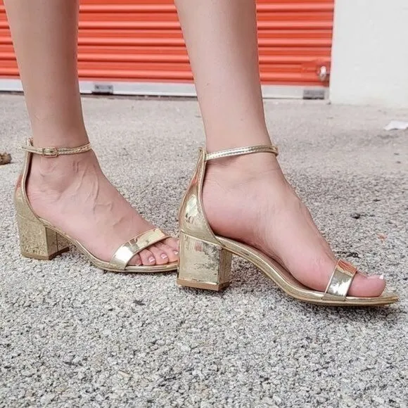 Gold Ankle Straps Low Chunky Heels Sandals