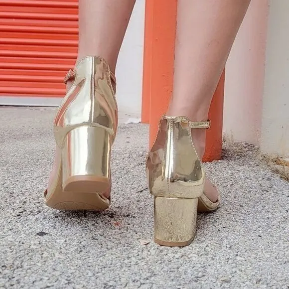Gold Ankle Straps Low Chunky Heels Sandals