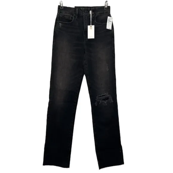 GOOD AMERICAN Good Boy Distressed Straight Leg Black Jeans 0/25