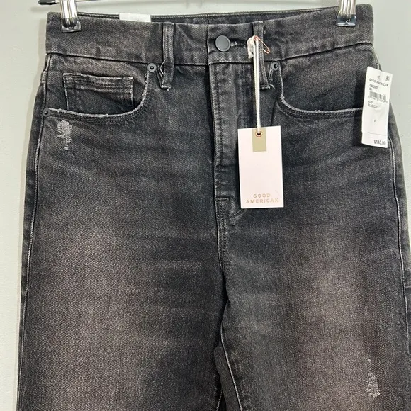 GOOD AMERICAN Good Boy Distressed Straight Leg Black Jeans 0/25
