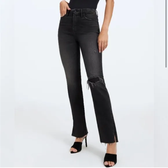 GOOD AMERICAN Good Boy Distressed Straight Leg Black Jeans 0/25