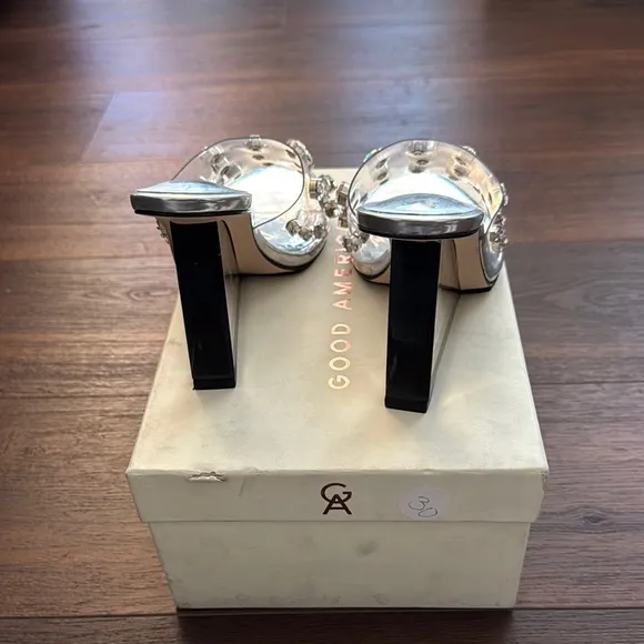 Good American NWT Jeweled Wedge Heel Silver Studded Women's Shoes w/Dust Bag.