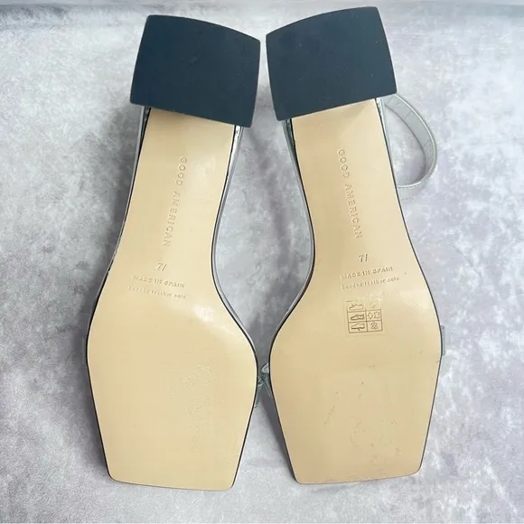 GOOD American Silver Block Heel Square Toe Ankle Strap Sandals Size 7