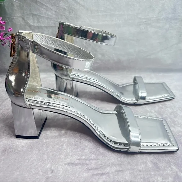 GOOD American Silver Block Heel Square Toe Ankle Strap Sandals Size 7