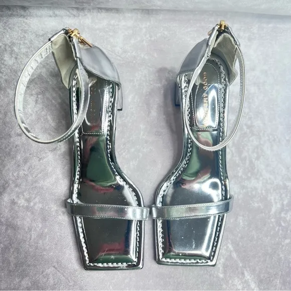 GOOD American Silver Block Heel Square Toe Ankle Strap Sandals Size 7