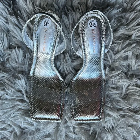Good American silver square toe high heel sandals women's shoe size 9.5