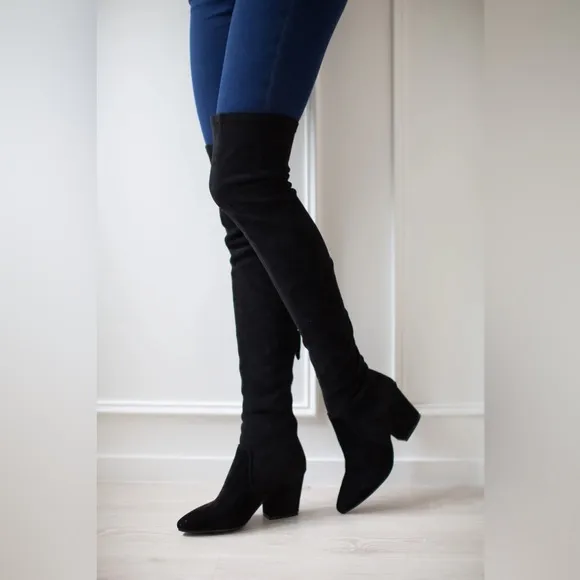 Goodnight Macaroon Black Over-the-Knee Boots with Block Heel