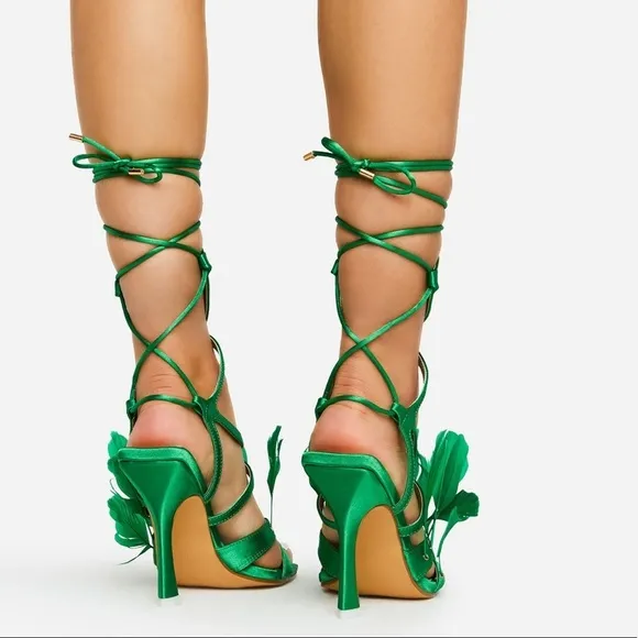 Green calf high strappy tie lace up feather square toe satin heel sandals