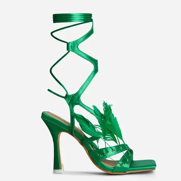 Green calf high strappy tie lace up feather square toe satin heel sandals