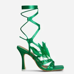 Green calf high strappy tie lace up feather square toe satin heel sandals