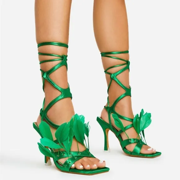 Green calf high strappy tie lace up feather square toe satin heel sandals