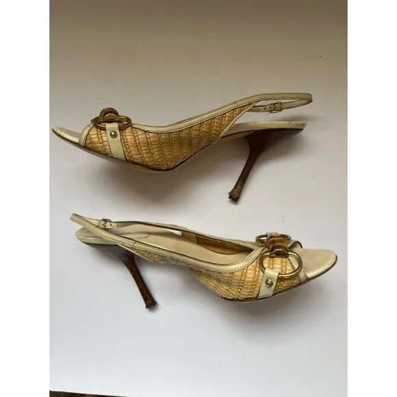 Gucci Bamboo Leather Raffia Horsebit Slingback Sandals Women’s Size 8B