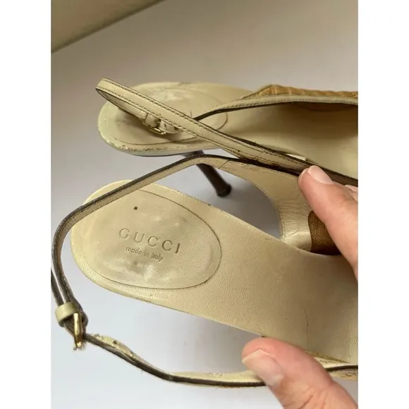 Gucci Bamboo Leather Raffia Horsebit Slingback Sandals Women’s Size 8B