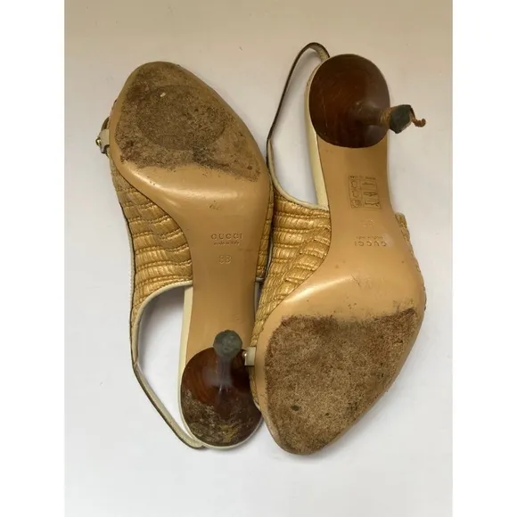 Gucci Bamboo Leather Raffia Horsebit Slingback Sandals Women’s Size 8B