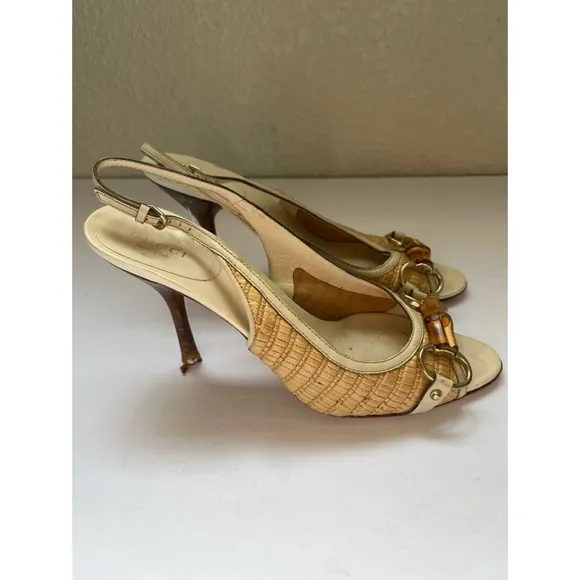 Gucci Bamboo Leather Raffia Horsebit Slingback Sandals Women’s Size 8B