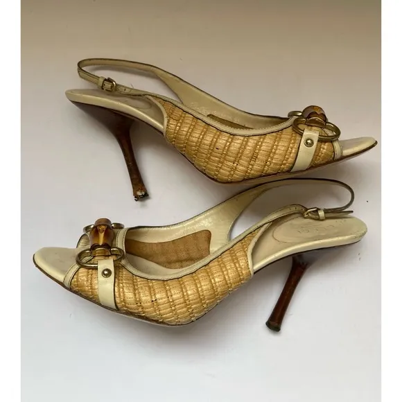 Gucci Bamboo Leather Raffia Horsebit Slingback Sandals Women’s Size 8B