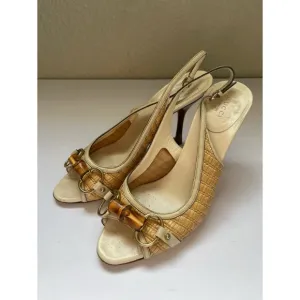 Gucci Bamboo Leather Raffia Horsebit Slingback Sandals Women’s Size 8B