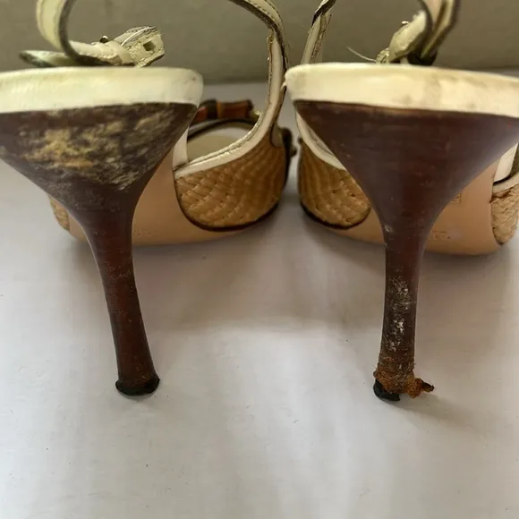 Gucci Bamboo Leather Raffia Horsebit Slingback Sandals Women’s Size 8B
