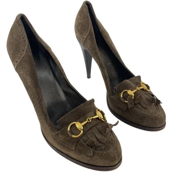 Gucci Brown Suede Leather Horse Bit Heels Loafer Pumps Women’s Size 11 Preowned