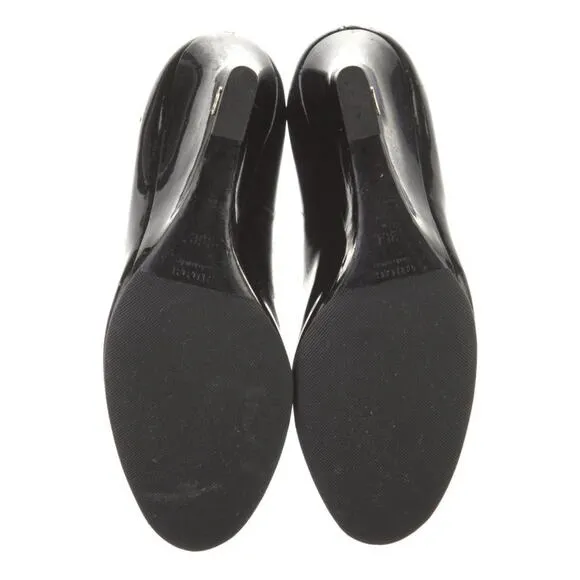 GUCCI GG Logo Black Patent Leather Peep Toe Wedge Heel Shoes Size EU 36