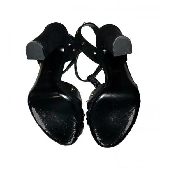 Gucci Jacqueline Black Studded Ankle Strap Heels Sandals Pumps Size 38.5