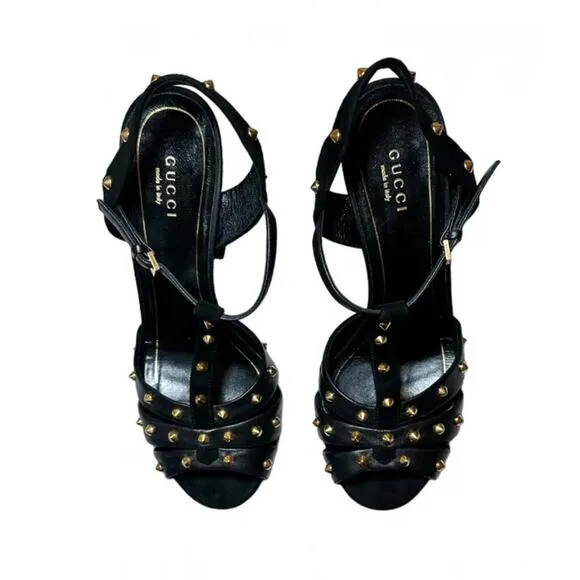 Gucci Jacqueline Black Studded Ankle Strap Heels Sandals Pumps Size 38.5