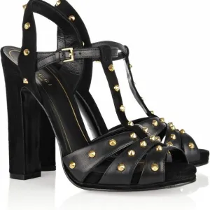 Gucci Jacqueline Black Studded Ankle Strap Heels Sandals Pumps Size 38.5