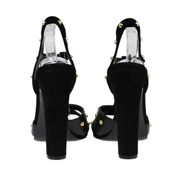 Gucci Jacqueline Black Studded Ankle Strap Heels Sandals Pumps Size 38.5