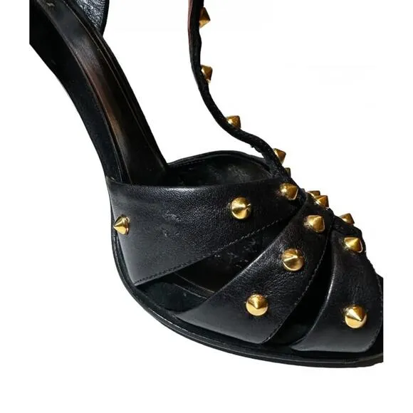 Gucci Jacqueline Black Studded Ankle Strap Heels Sandals Pumps Size 38.5