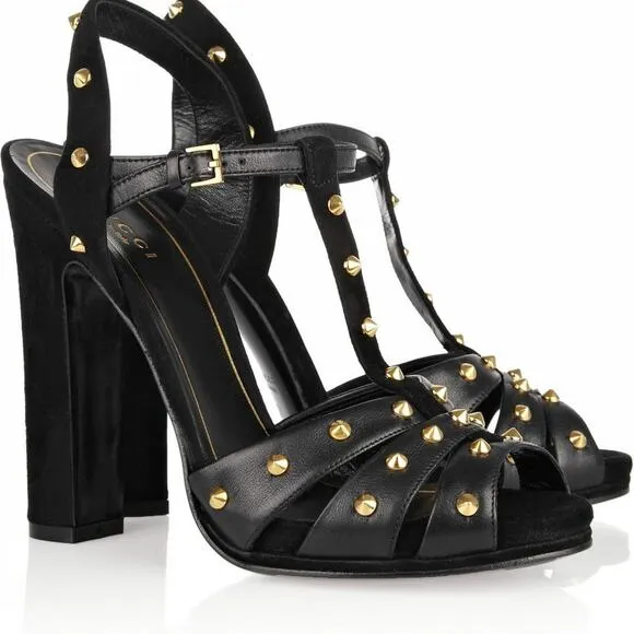 Gucci Jacqueline Black Studded Ankle Strap Heels Sandals Pumps Size 38.5