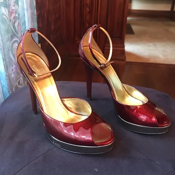 Gucci Red and Gold ankle strap heels