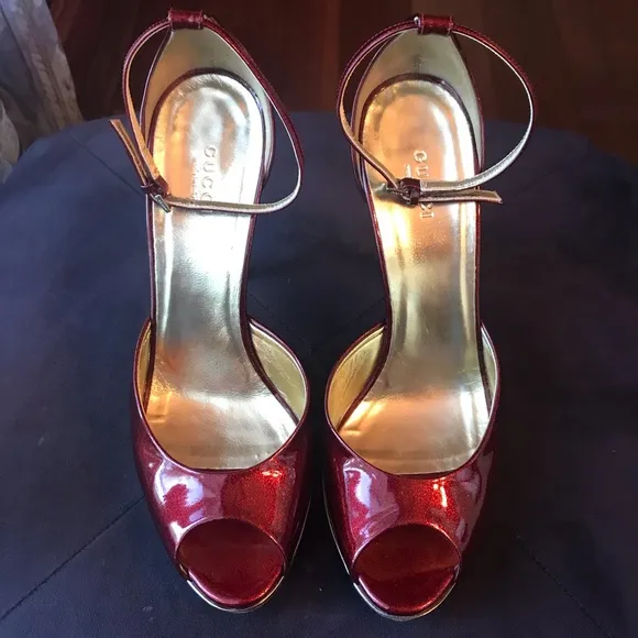 Gucci Red and Gold ankle strap heels