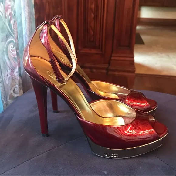 Gucci Red and Gold ankle strap heels