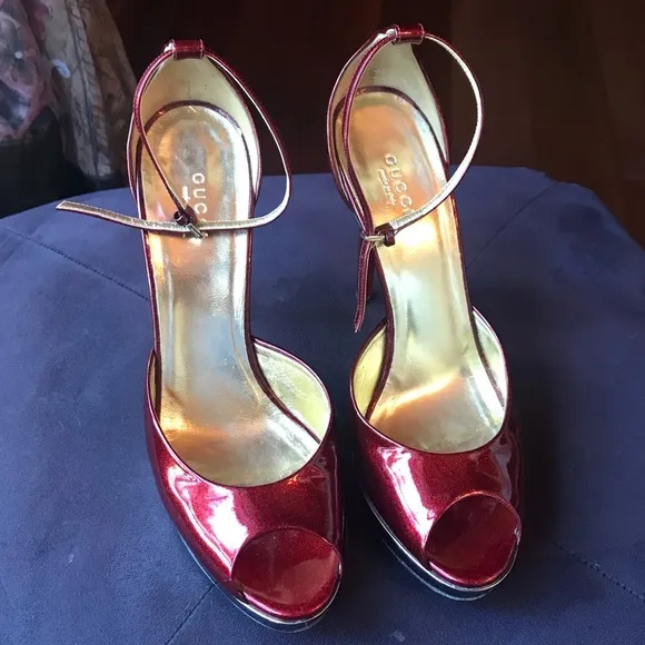 Gucci Red and Gold ankle strap heels