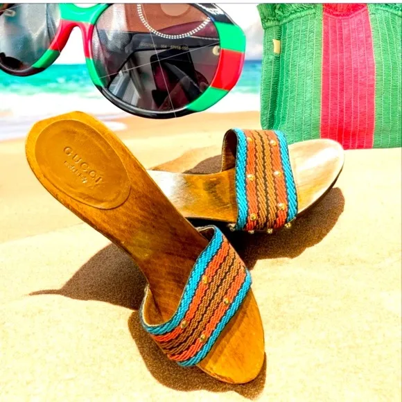 Gucci Vintage Wooden Wedge Sandals 10