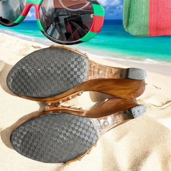 Gucci Vintage Wooden Wedge Sandals 10