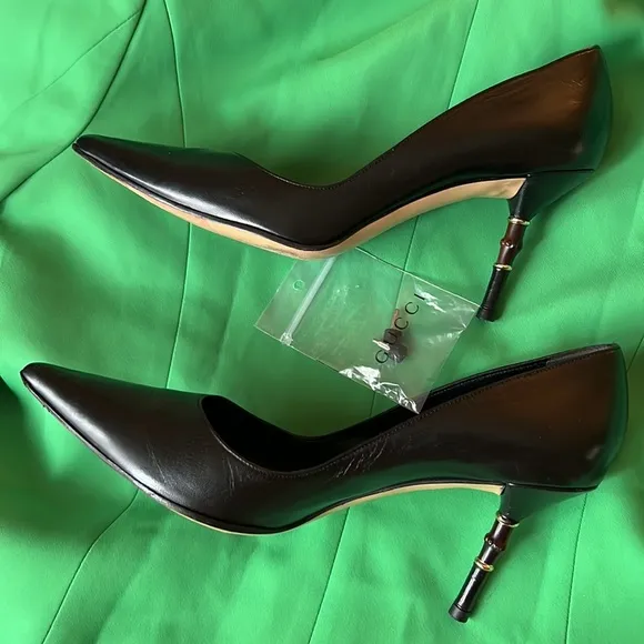 GUCCI WOMENS SHOES Size 38.5B Pumps Bamboo High Heel Black Leather Worn …