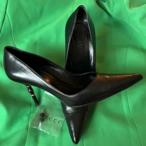 GUCCI WOMENS SHOES Size 38.5B Pumps Bamboo High Heel Black Leather Worn …