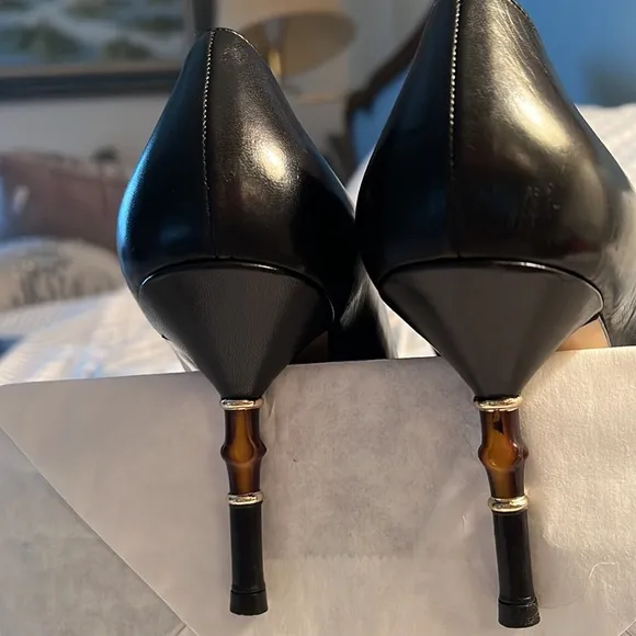 GUCCI WOMENS SHOES Size 38.5B Pumps Bamboo High Heel Black Leather Worn …