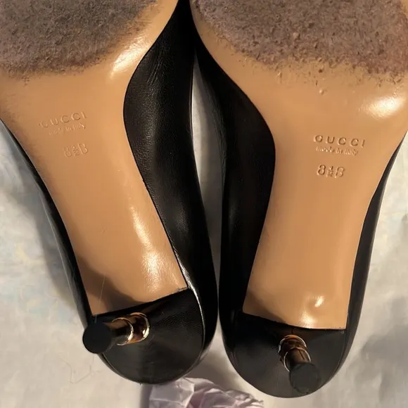 GUCCI WOMENS SHOES Size 38.5B Pumps Bamboo High Heel Black Leather Worn …
