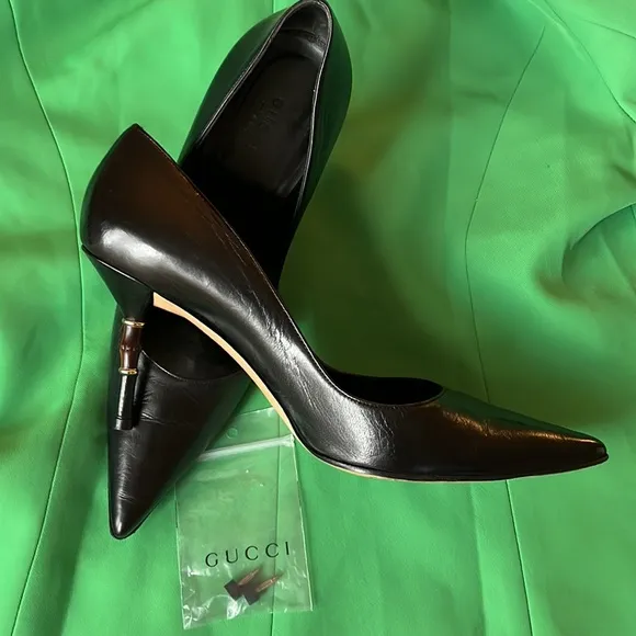 GUCCI WOMENS SHOES Size 38.5B Pumps Bamboo High Heel Black Leather Worn …