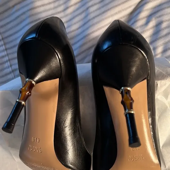 GUCCI WOMENS SHOES Size 38.5B Pumps Bamboo High Heel Black Leather Worn …