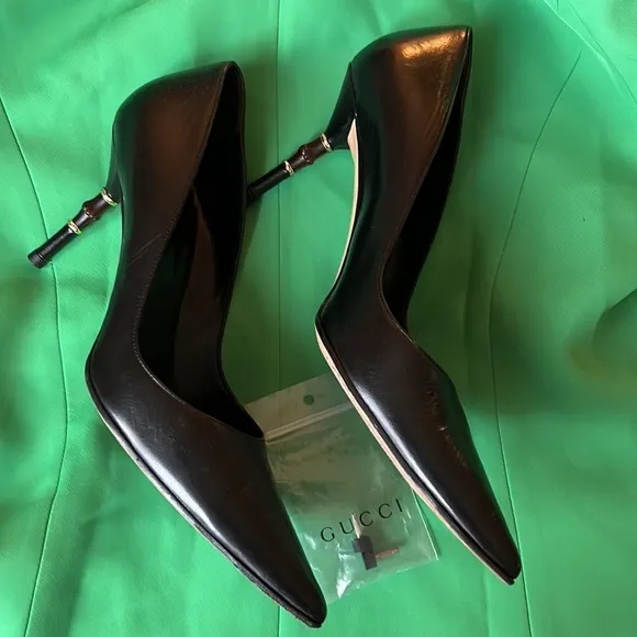 GUCCI WOMENS SHOES Size 38.5B Pumps Bamboo High Heel Black Leather Worn …